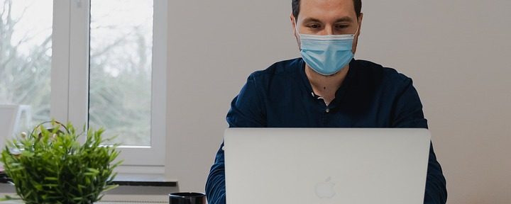 man, laptop, mask